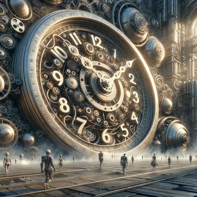 The primary subject of the image is a large clock with a gold and silver appearance. The clock is prominently displayed in the scene, and it appears to be the main focus of the image. The setting is a futuristic environment, with a backdrop of a building and a group of people walking in front of it. The visual style of the image is a combination of photo and digital art, creating a unique and intriguing atmosphere. The colors in the image are predominantly silver and gold, giving the scene a sense of sophistication and elegance.